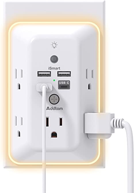 Surge Protector, Outlet Extender with Night Light, Addtam 5-Outlet Splitter