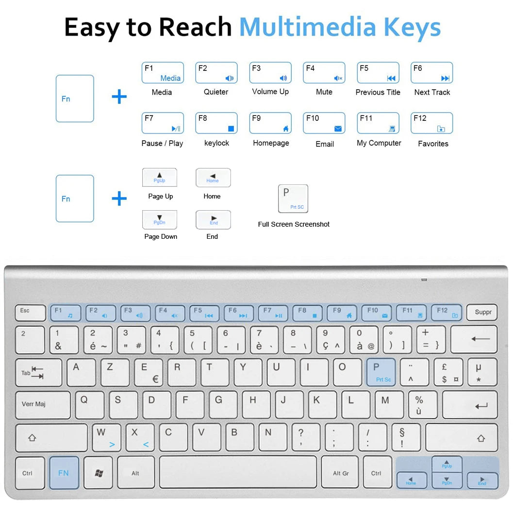 Wireless AZERTY French Keyboard Mouse Ultra Slim Multimedia Keyboard Mouse Combo Low Noise for Laptop Desktop Windows Smart TV