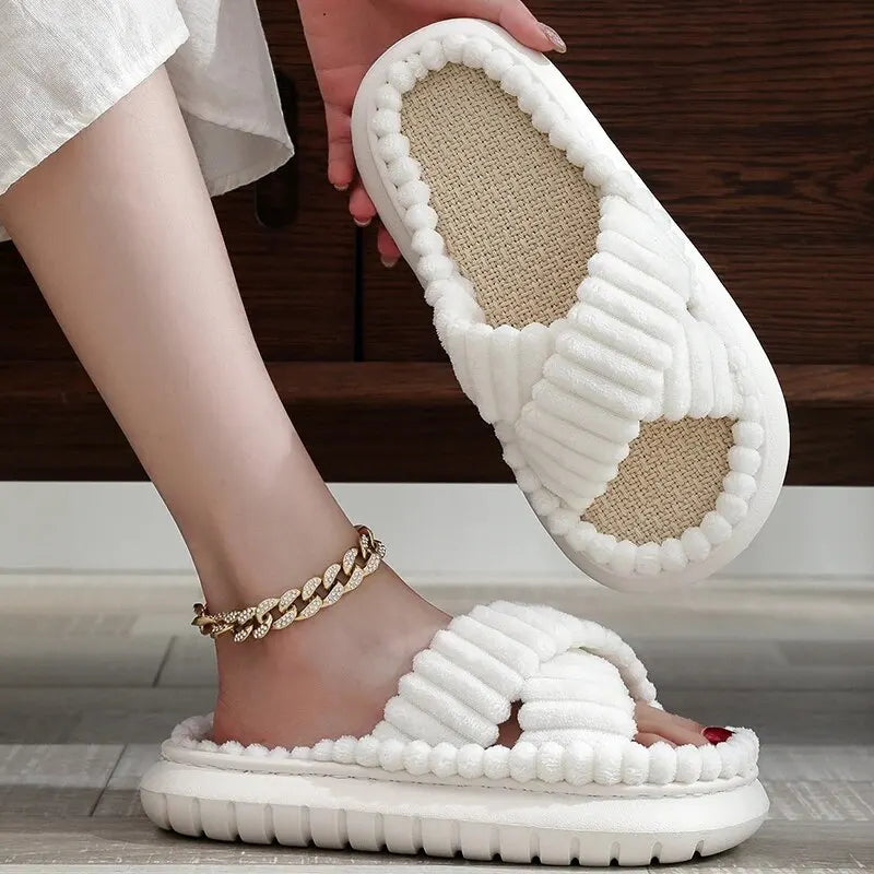 Women Spring Autumn Home Slippers Open-Toe Cross Band Linen Soled Indoor Slides Linen Soled Non-Slip Bathroom Slippers