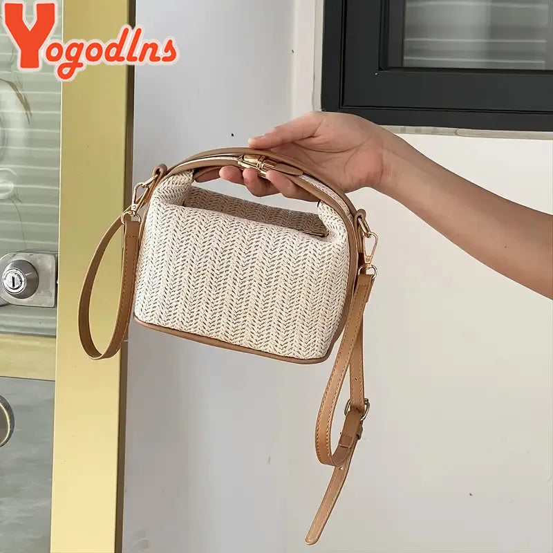 Yogodlns Summer Small Straw Handbag Trendy Shoulder Bag Woven Bucket Crossbody Bag Casual Seaside Beach Bag Gilrs Handle Tote