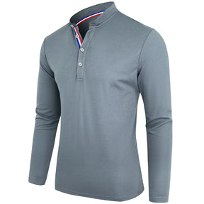 Men's Polo Shirt-Spring and Autumn Casual Business Buckle Henry Collar Long sleeve, Comfortable Style, Breathable