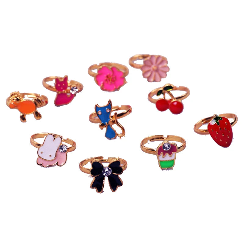 10/20 pcs Children Cute Ring Adjustable Pretend Play Makeup Toys Girls Gifts Animal Fruit Enamel Rings Fashion Beauty TMZ