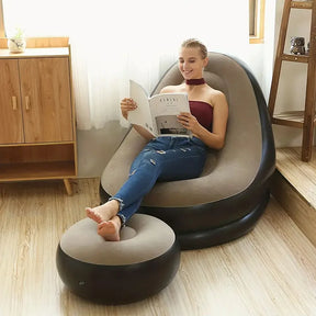 1pc Brown Inflatable Lazy Sofa with Footstool PVC Flocking Surface Sofa Chair  Foldable Lounge Chair Desk Chair