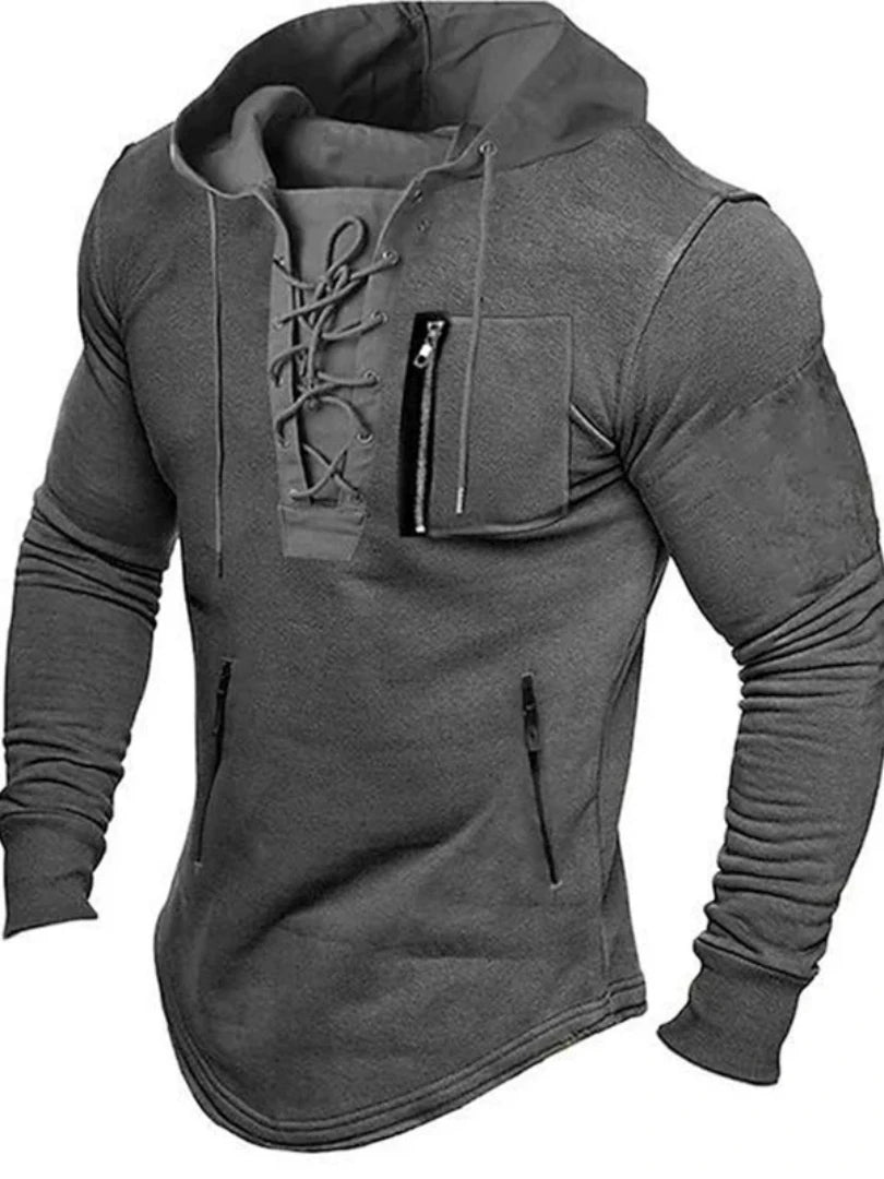 2024 Men Autumn Spring Top Lace Up Drawstring Solid Color Long Sleeve Zipper Pockets Pullover Streetwear Men Mid Length Hoodie