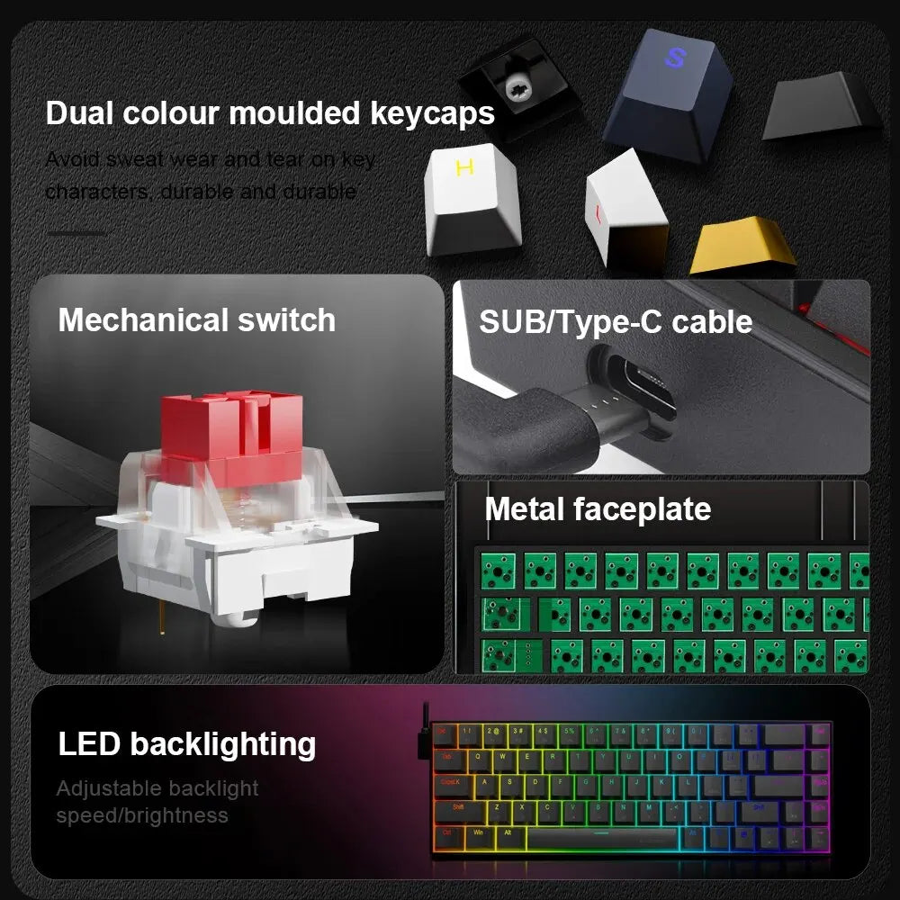 E-YOOSO Z686 RGB USB 60% Mini Slim Mechanical Gaming Wired Keyboard Red Switch 68 Keys Russian Brazilian Portuguese for Compute