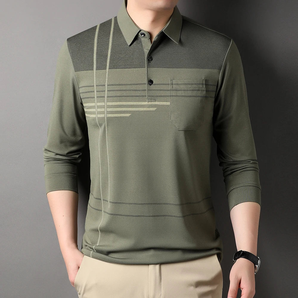 New Fashion Brand Designer Luxury Plain Mens Polo Shirts Regular Fit Casual Long Sleeve Tops Mens Clothing