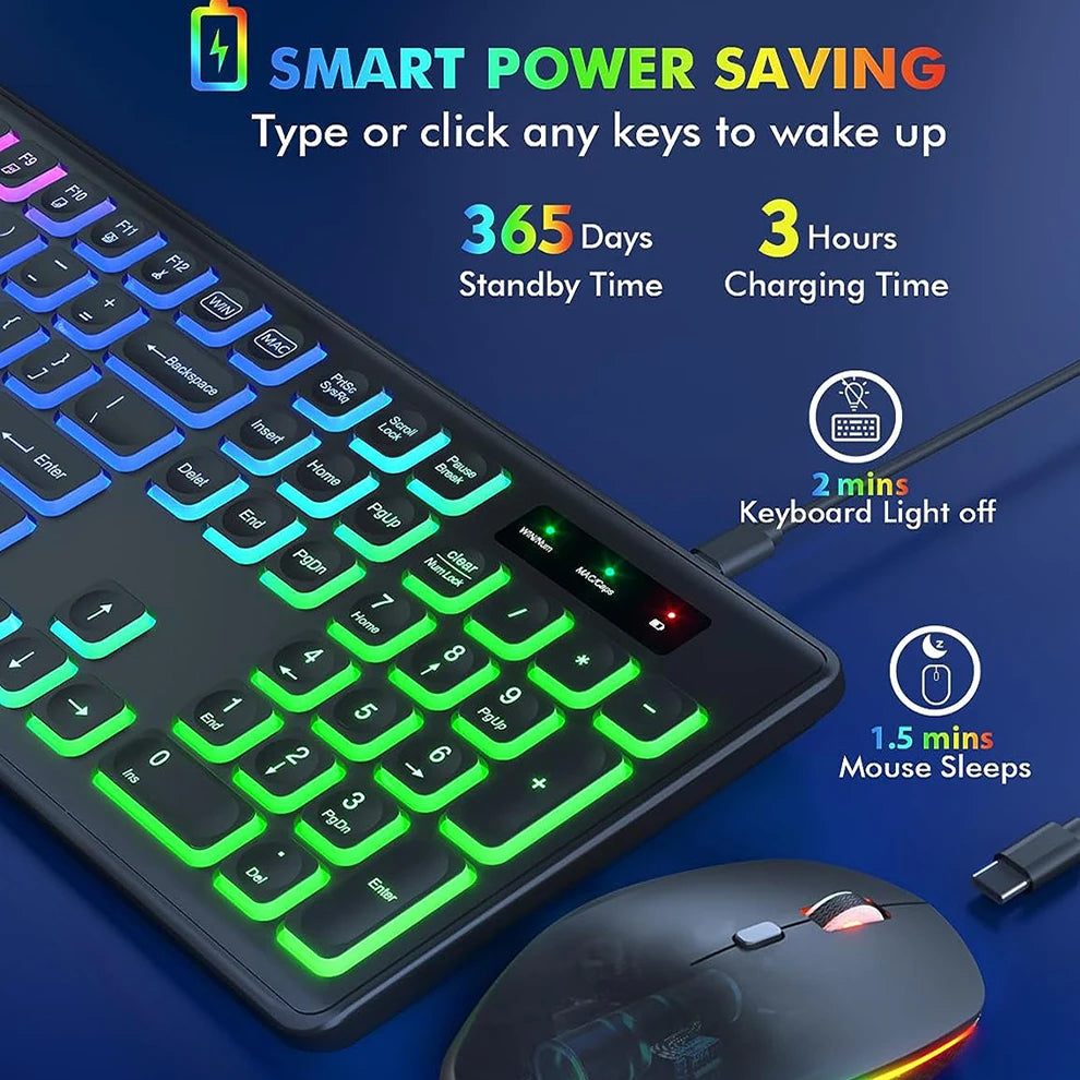 Wireless Keyboard and Mouse Combo RGB Backlit, Rechargeable Light Up Letters, Full-Size, Ergonomic, Sleep Mode, 2.4GHz