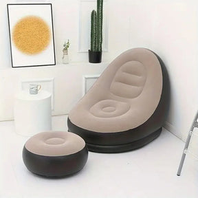 1pc Brown Inflatable Lazy Sofa with Footstool PVC Flocking Surface Sofa Chair  Foldable Lounge Chair Desk Chair