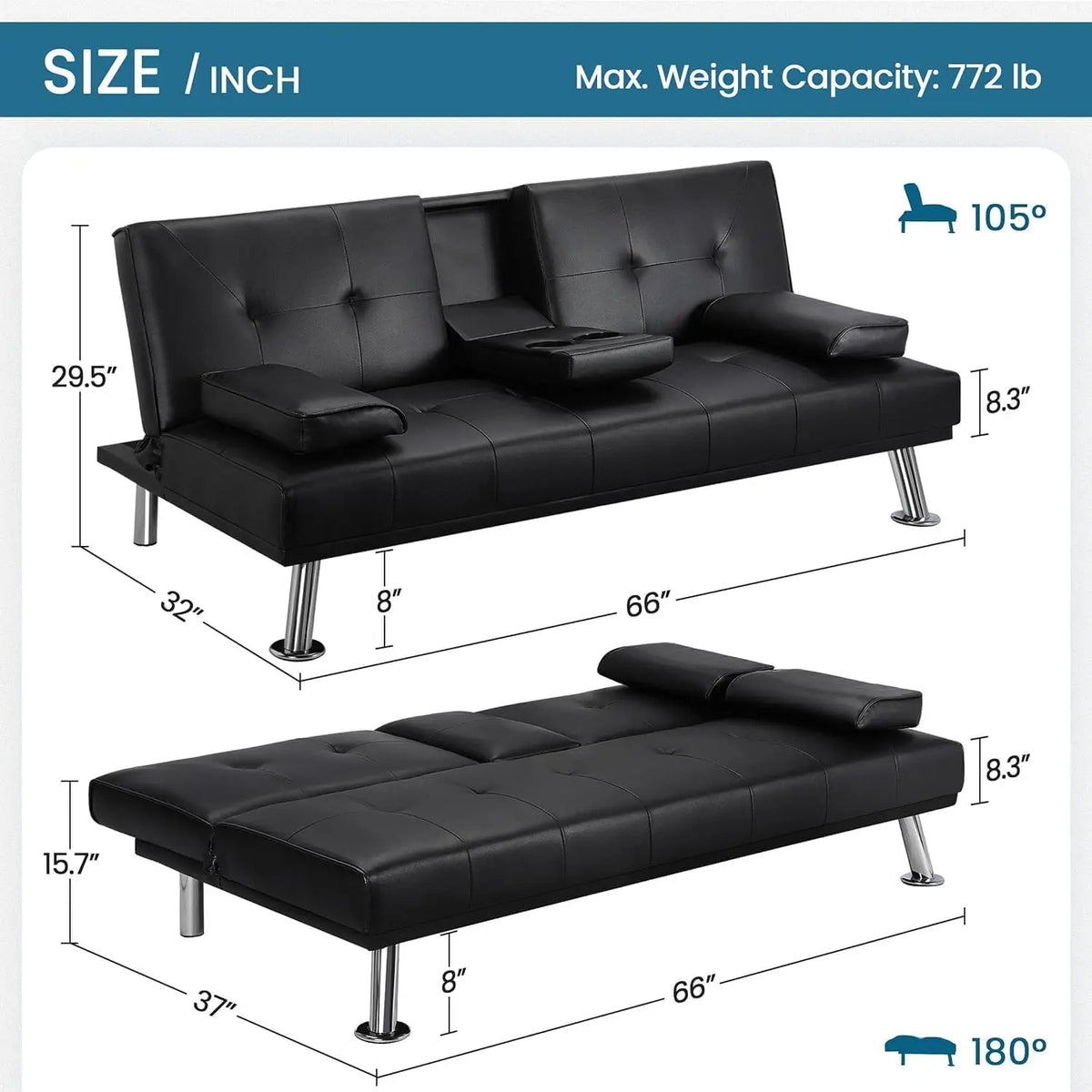 Convertible Futon Sofa Bed Sleeper Couch , Modern PU Leather Upholstered Loveseat Sleeper w/Removable Armrests