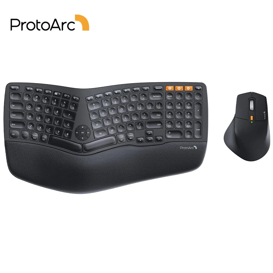 Protoarc EKM01 Split Ergonomic Wireless Keyboard Mouse Combo with Palm Rest Rechargeable Mice Keyboard for Windows Mac Android