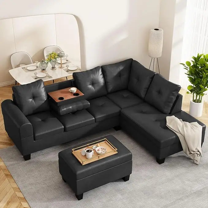 Faux Leather/Linen Fabric Sectional Sofa Couch, Modern L-Shaped Modular Couch Upholstered 3/6 Seaters Living Room Sofa Couch