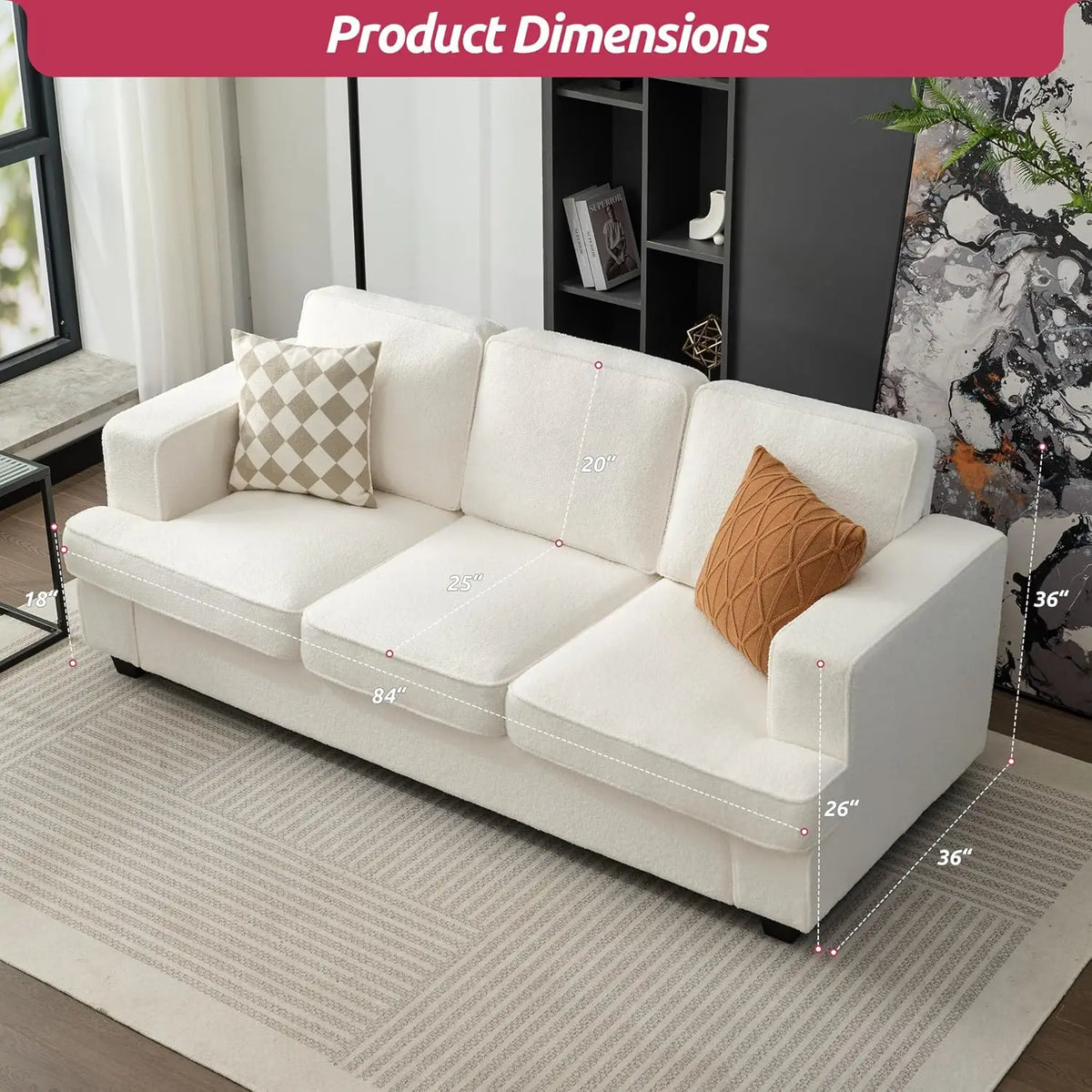 Boucle Comfy Couch, Couches for Living Room, Sleeper Sofa with Extra Deep Seats, Modern Sofa, Teddy Velvet, Oyster White