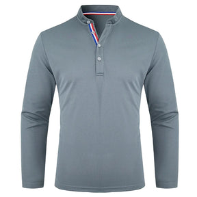 Men's Polo Shirt-Spring and Autumn Casual Business Buckle Henry Collar Long sleeve, Comfortable Style, Breathable