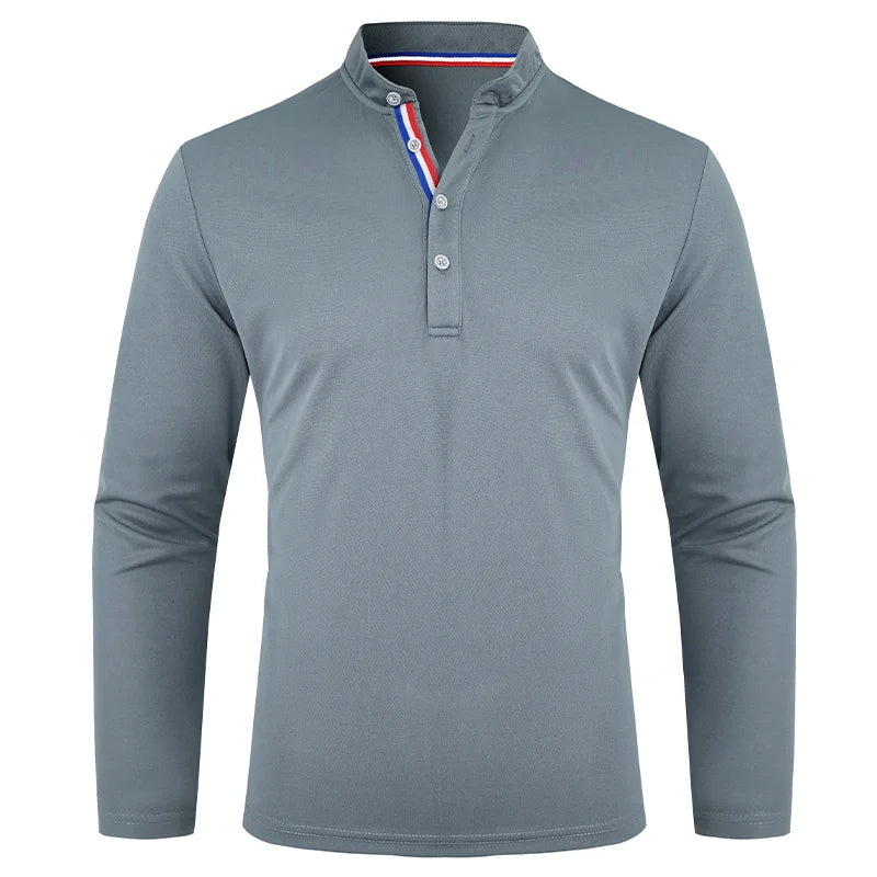 Men's Polo Shirt-Spring and Autumn Casual Business Buckle Henry Collar Long sleeve, Comfortable Style, Breathable