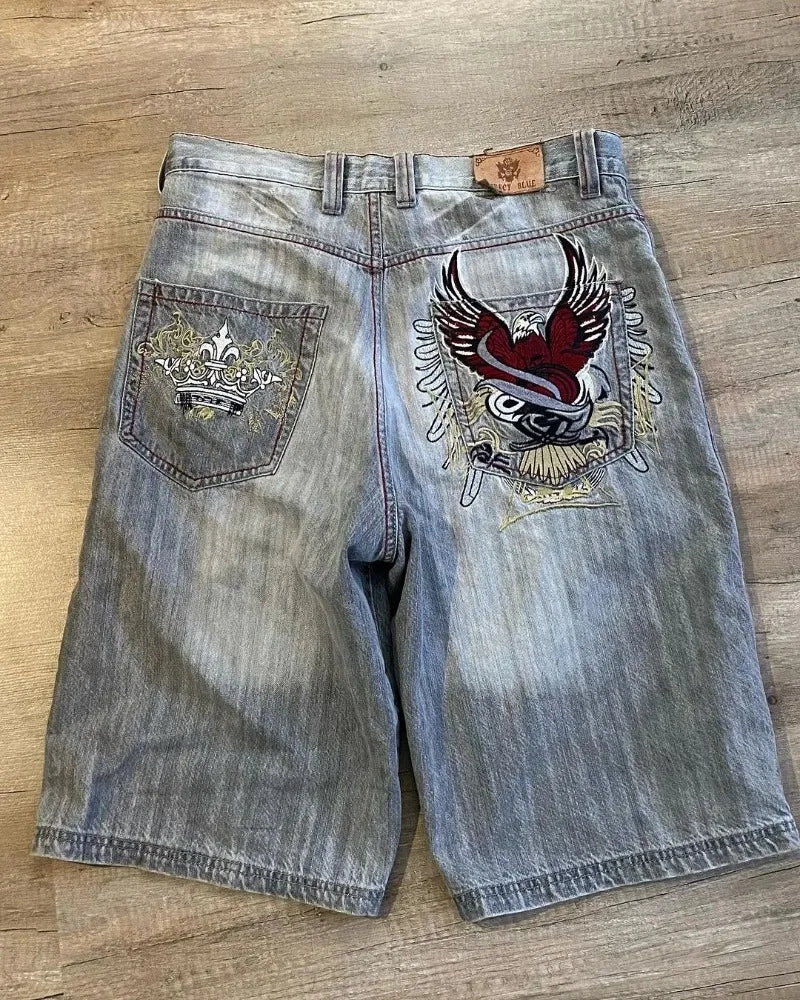 Y2K Skull Beautiful Fashion Embroidered baggy Denim Shorts for men 2024 Summer new Street Fashion Goth vintage Basketball Shorts