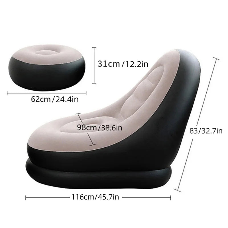 1pc Brown Inflatable Lazy Sofa with Footstool PVC Flocking Surface Sofa Chair  Foldable Lounge Chair Desk Chair