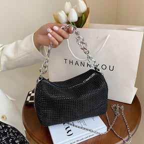 1pc New Portable Fashion Women's Crossbody Bag With Bright Diamonds And Metal Chains PU Material For Dinner Parties Everyday