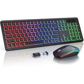 Wireless Keyboard and Mouse Combo with 15 RGB Backlit- 2.4G Rechargeable Full-Size Keyboard for Computer, PC, Laptop