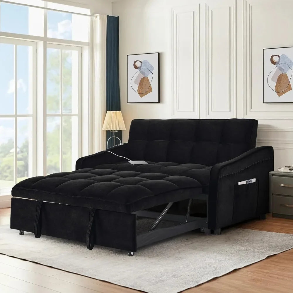 3 in 1 Sleeper Sofa Couch Bed with USB & Type C Port, 52" Small Modern Convertible Tufted Velvet Loveseat Sofa w/Pull Out Bed