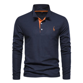 AIOPESON 2023 New Men's Deer Embroidery Polo Shirts Solid Color Long Sleeve Social Business Male