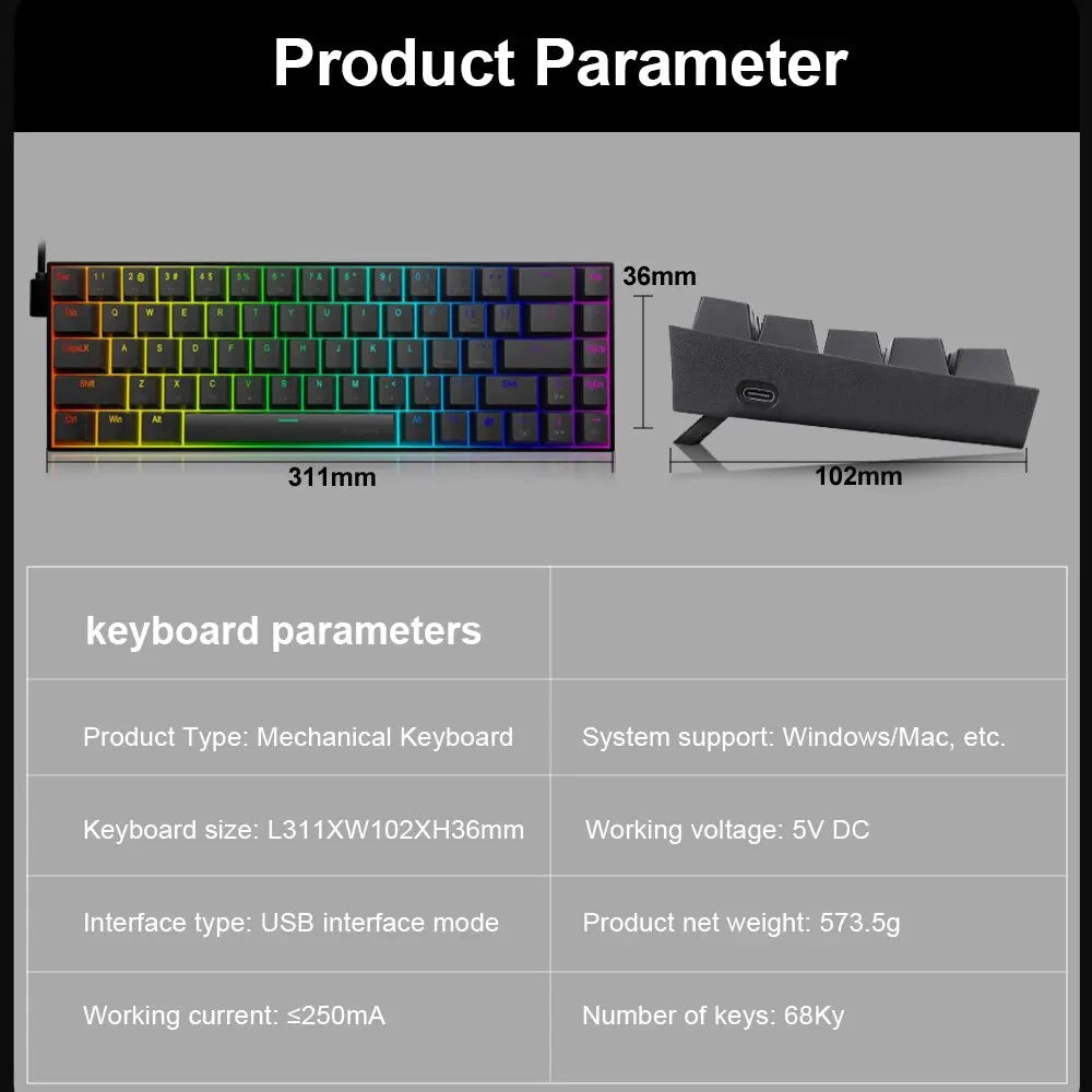 E-YOOSO Z686 RGB USB 60% Mini Slim Mechanical Gaming Wired Keyboard Red Switch 68 Keys Russian Brazilian Portuguese for Compute