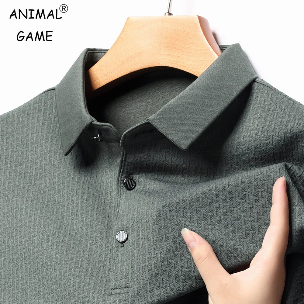 New Men's Lop-up Hollow Long-sleeved Polo Shirt Breathable Business Fashion T-Shirt Male Golf T-Shirt Male 4XL