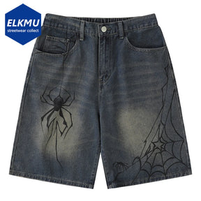 Y2K Blue Denim Shorts Spider Cobweb Printed Summer Loose Casual Jeans Shorts Fashion Harajuku Hip Hop Streetwear Shorts for Men