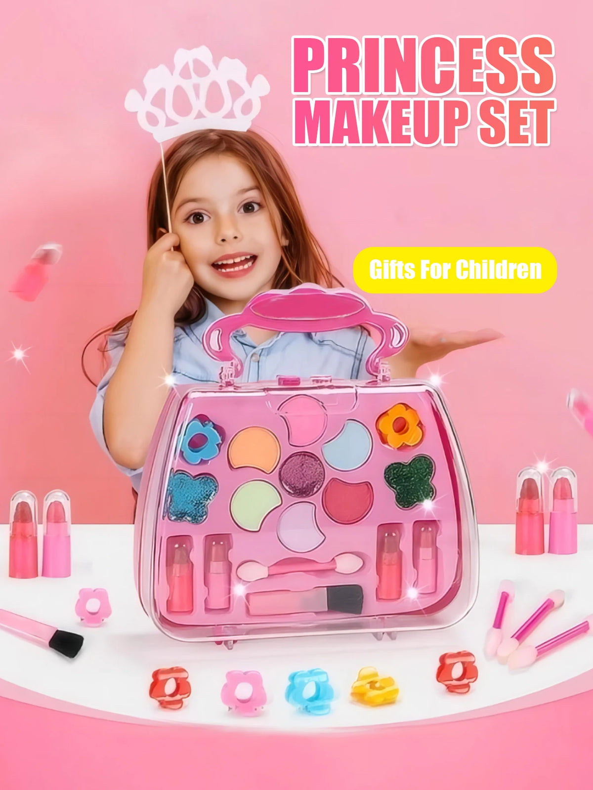 1 children's beauty toy girl makeup bag, handbag, princess washable, pretend toy with mirror, non-toxic and safe birthday gift