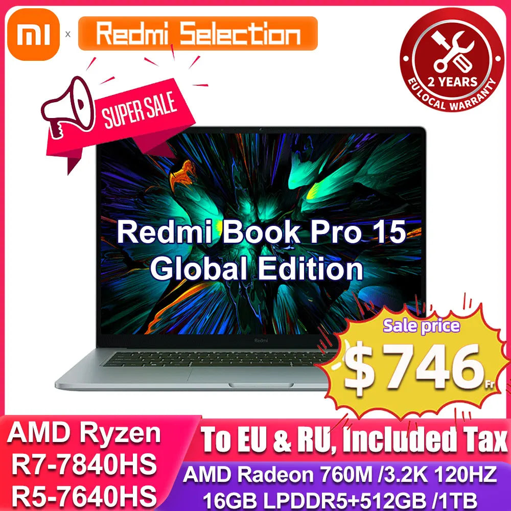 Xiaomi Laptop 2023 Redmi Book Pro 15 Ryzen R5-7640HS/R7-7840HS AMD 780M/760M 16G RAM 512G/1T 15.6Inch 3.2K 120Hz  Mi Notebook