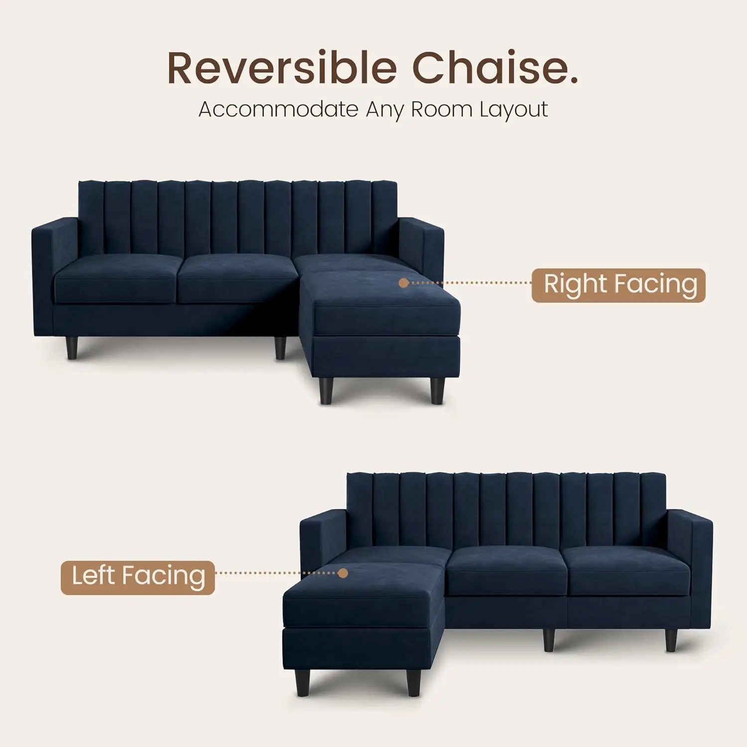 Convertible Sectional Sofa, Velvet L Shaped Couch with Reversible Chaise, Sectional Couch for Small Spaces, Dark Blue