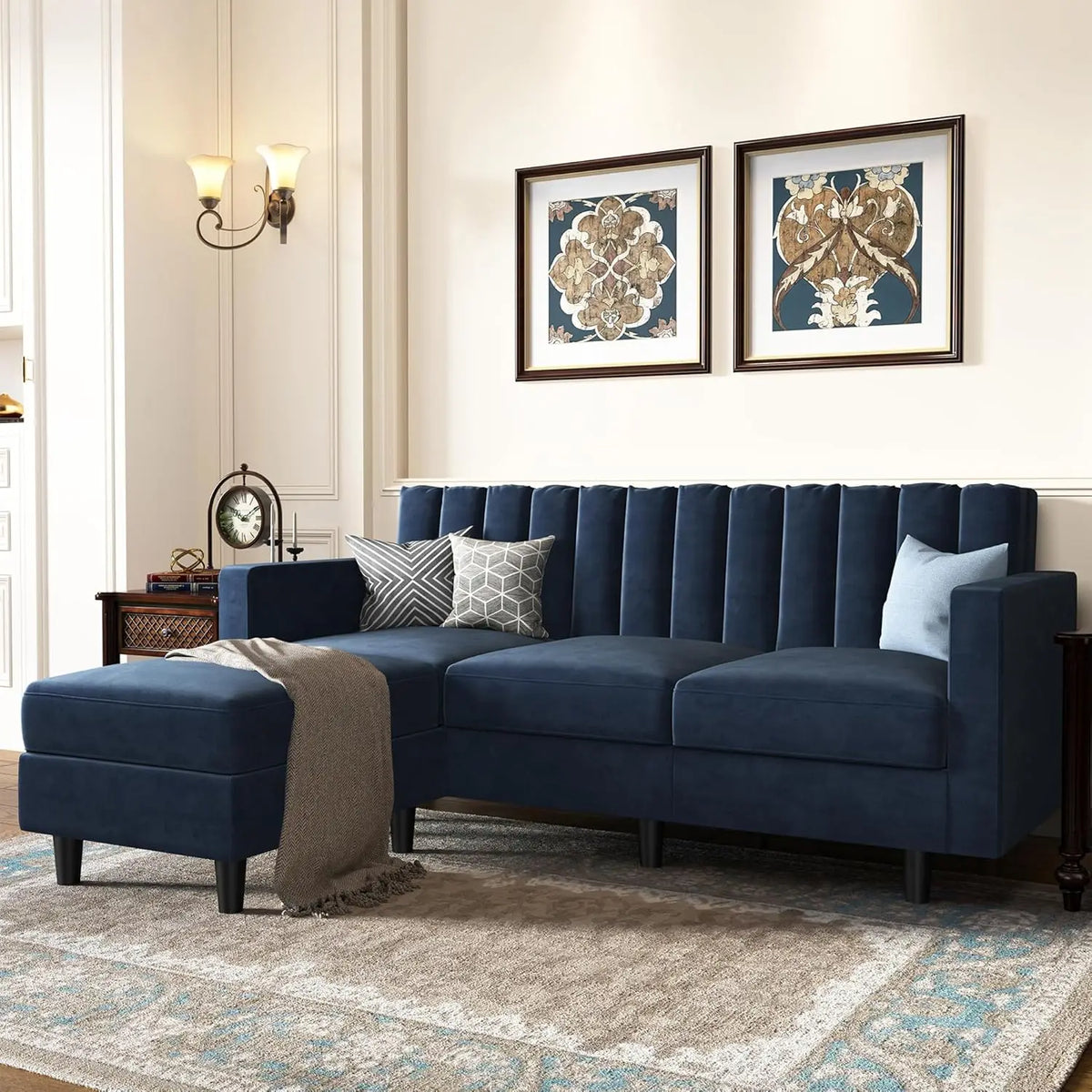 Convertible Sectional Sofa, Velvet L Shaped Couch with Reversible Chaise, Sectional Couch for Small Spaces, Dark Blue