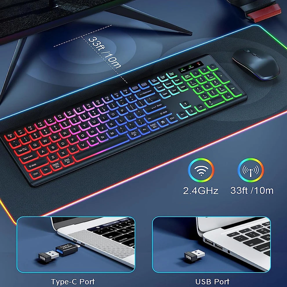 Wireless Keyboard and Mouse Combo with 15 RGB Backlit- 2.4G Rechargeable Full-Size Keyboard for Computer, PC, Laptop