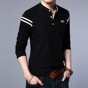 Men's Fashion Summer Long Sleeved POLO T-shirt Casual Cotton Breathable Top Stand Up Neck Long Sleeve Korean Comfortable Shirt