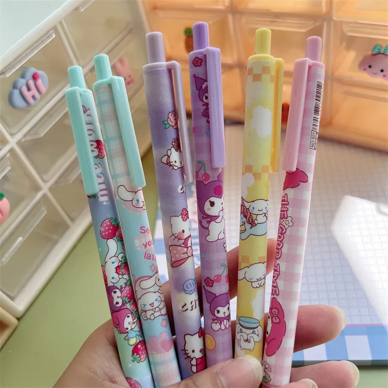 Sanrio Gel Pen12Pcs Kawaii Hello Kitty Strawberry Cinnamoroll Kuromi Melody Student Stationery Write Pens 0.5 Black Exam Pen