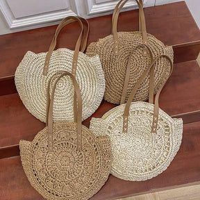 Summer Round Straw Women Vacation Woven Beach Shoulder Bag Large Capacity Hollow Out Simple Tote Bag