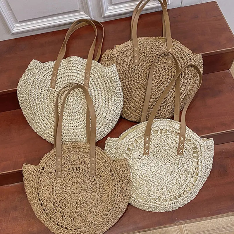 Summer Round Straw Women Vacation Woven Beach Shoulder Bag Large Capacity Hollow Out Simple Tote Bag