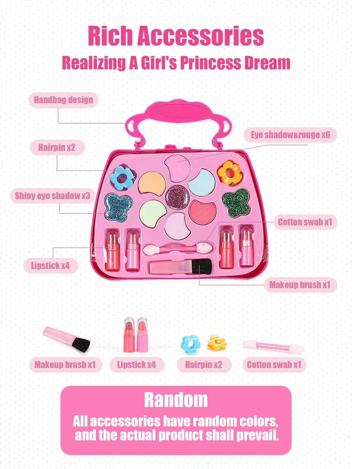 1 children's beauty toy girl makeup bag, handbag, princess washable, pretend toy with mirror, non-toxic and safe birthday gift