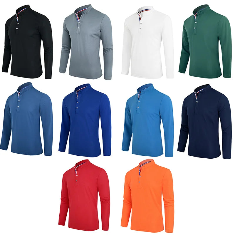 Men's Polo Shirt-Spring and Autumn Casual Business Buckle Henry Collar Long sleeve, Comfortable Style, Breathable