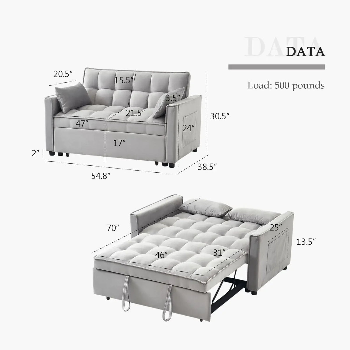 3-in-1 Convertible Sleeper Sofa Bed, Modern Pullout Couch Bed with Pull Out Bed, Adjustable Backrest, Loveseat Futon Sofa