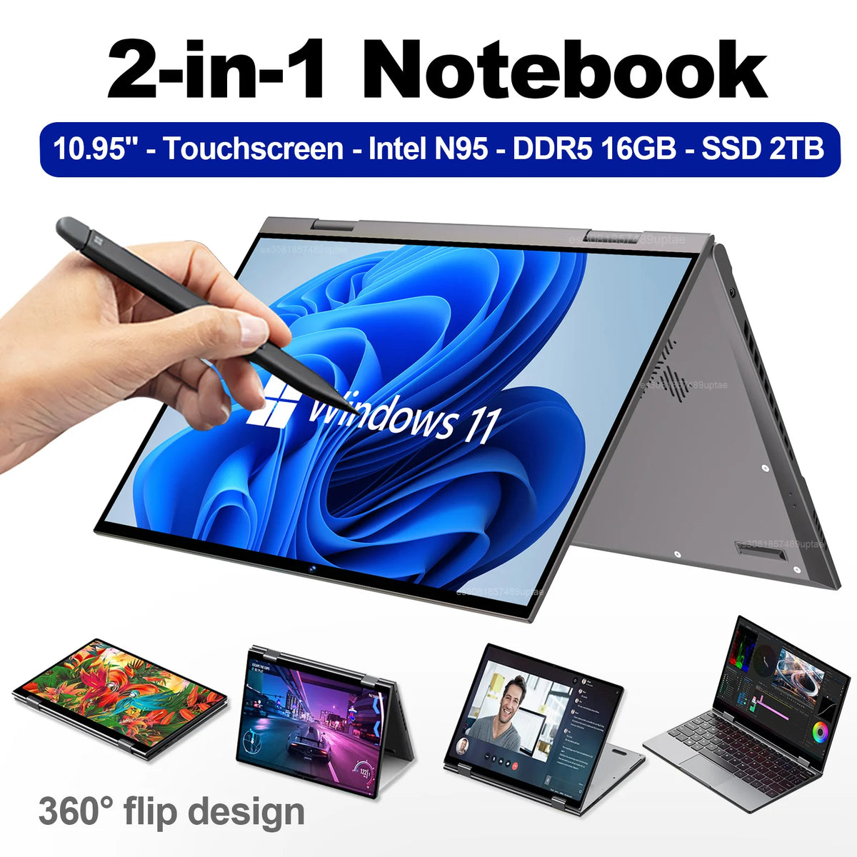 2 in 1 Touchscreen 10.95" Laptop 360° Flip Laptop Intel Celeron N95 Windows 11 16GB DDR5 2TB SSD Aluminum alloy body Notebook PC