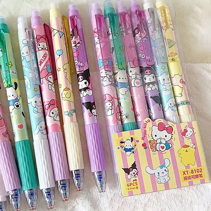 Sanrio 12/24pcs Erasable Gel Pen Cinnamonroll Kuromi Melody 0.5 Blue Student Writing Quick-drying Cute Stationery Girl Gift Pen