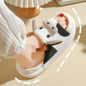 Hot Sale Women Milk Cow Linen Slippers Four Seasons Men Indoor Sandals Adults Cartoon Slides Couples Cute Breathable Home Shoes